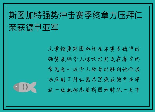 斯图加特强势冲击赛季终章力压拜仁荣获德甲亚军 斯图加特强势冲击赛季终章力压拜仁荣获德甲亚军